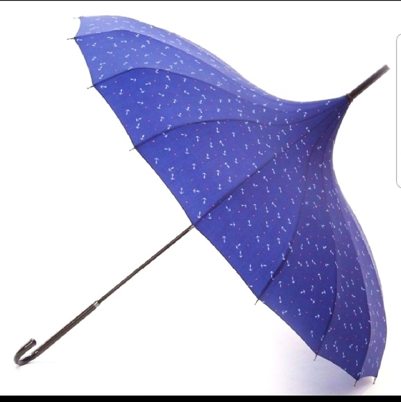 Tatyana Retro Nautical Blue Parasol Umbrella White Anchors Red Stars Hook Handle - Picture 2 of 11